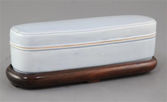 A Chinese Claire-de-Lune glazed scribes box and cover, 19th /20th century, 22cm, wood stand